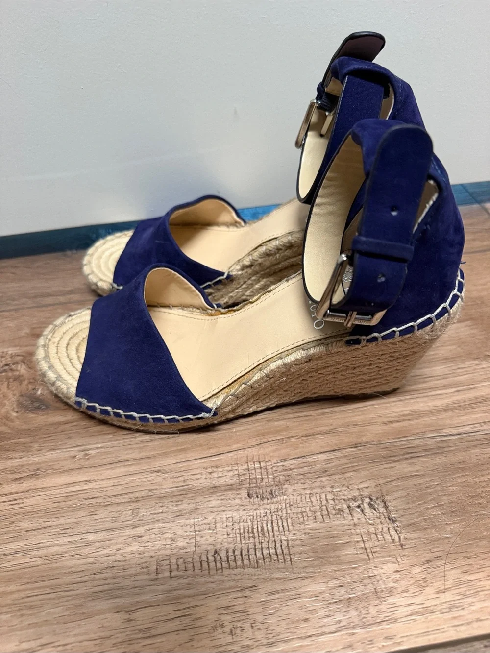 Vince Camuto Navy Suede Espadrille Wedge Sandals with Ankle Strap